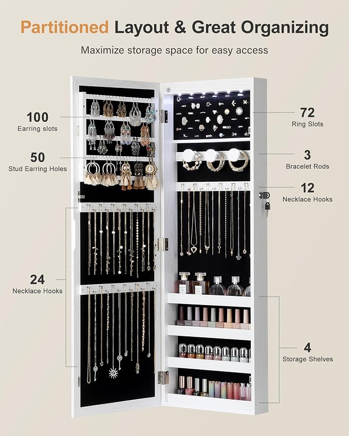 Nicetree 6 LEDs Mirror Jewelry Cabinet, Jewelry Organizer with Full Length Mirror, Wall/Door Mounted Jewelry Organizer, Full Length Mirror with Storge (Textured White)
