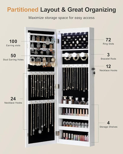 Nicetree 6 LEDs Mirror Jewelry Cabinet, Jewelry Organizer with Full Length Mirror, Wall/Door Mounted Jewelry Organizer, Full Length Mirror with Storge (Textured White)