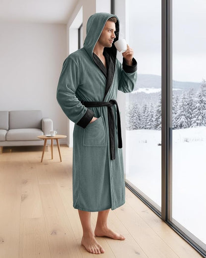 NY Threads Mens Robe with Hood, Luxury Plush Fleece Hooded Mens Bathrobe, Spa Bath Robe for Men