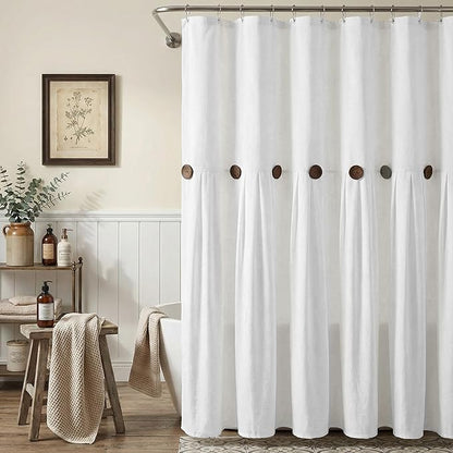 Farmhouse Shower Curtain Linen Button White 72" W x 72" L | Farmhouse Style, Chic Button, Striped, Linen Fabric, Rustic, Country, Natural Look, Washable, for Bathroom Bathtub