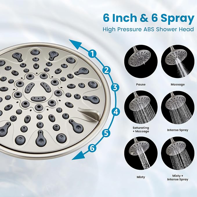 gotonovo Shower Faucet Set with Valve 6 Mode Rain Head Brushed Nickel | Bathroom Shower Head and Handle Set Complete Combo,6 Mode Multi 6’’ ABS Rainfall Showerhead,Brass Valve Trim Kit,Wall Mount