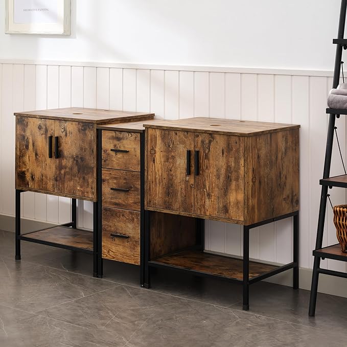 UEV Rustic Brown 60" Double Bathroom Vanity with Sink Combo,Industrial Iron Frame 2 Main Bathroom Vanity with Middle 3 Drawers Cabinet(Without Sink Combo)