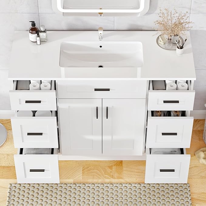 Large 48 Inch Bathroom Vanity with Ceramic Sink and 6 Soft-Close Drawers, Spacious White Cabinet with Thickened Construction