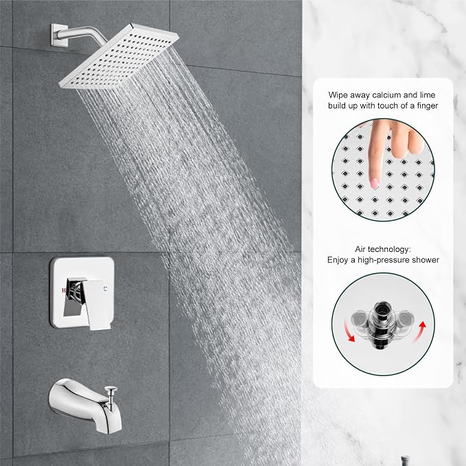 Heyalan 8-Inch Shower Faucet Set with Tub Spout and Valve, Polished Chrome | 8-inch square rainfall head, tub spout with diverter, male-thread rough-in valve, single-handle control and wall-mount design