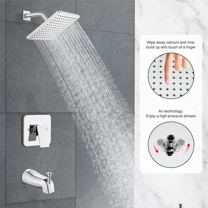 Heyalan 8-Inch Shower Faucet Set with Tub Spout and Valve, Polished Chrome | 8-inch square rainfall head, tub spout with diverter, male-thread rough-in valve, single-handle control and wall-mount design