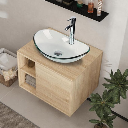 YOURLITE Floating Bathroom Vanity with Sink, Wall-Mounted, 24" Bathroom Vanity and Sink Combo with Mirror and Faucet & Pop Up Drain Set Clear Glass Boat Sink