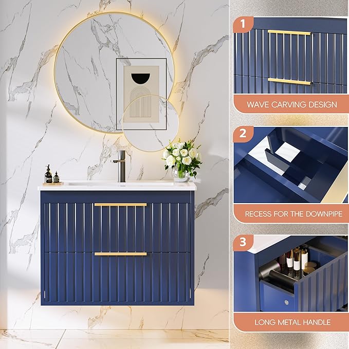 24" Bathroom Vanity with Sink, Floating Vanity Bathroom Sink Cabinet Wall Mount, Soft-Close Function 2 Large Drawers, Grooved Stripe Design, Hidden Damping Drawers, Blue