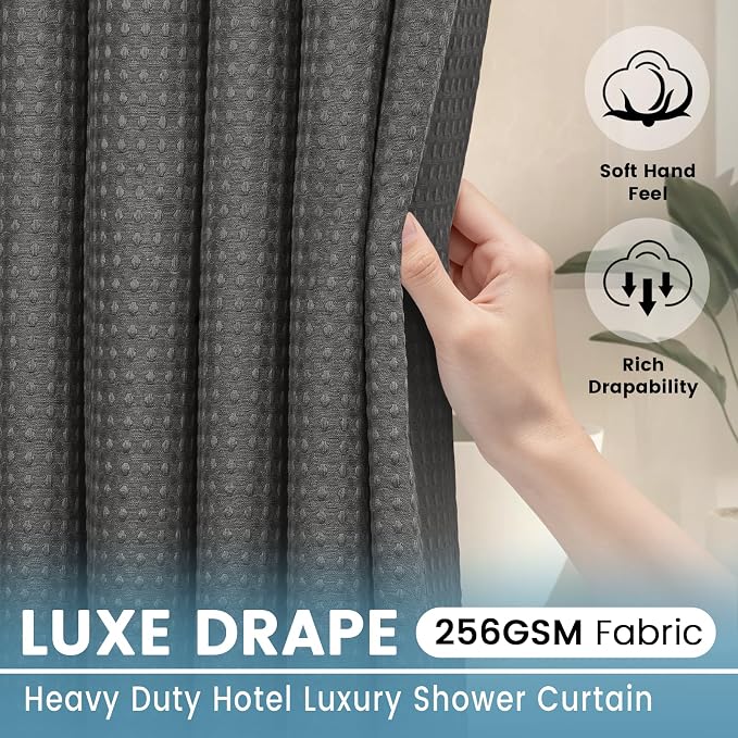 EUTXL Heavyweight No Hook Shower Curtain with Liner, Charcoal Grey,71x86 | Snap in Liner, 256GSM Thick Waffle Fabric, Hotel Luxury Spa, Corner Magnets, Quick Dry, Waterproof & Washable, Extra Long