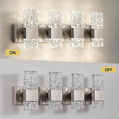 Epinl Brushed Nickel 4-Light Bathroom Vanity Lights, 4000K Modern Bathroom Lighting Fixtures Over Mirror, 28" LED Crystal Bathroom Light Fixtures Hardwired Wall Sconces for Bathroom Living Room