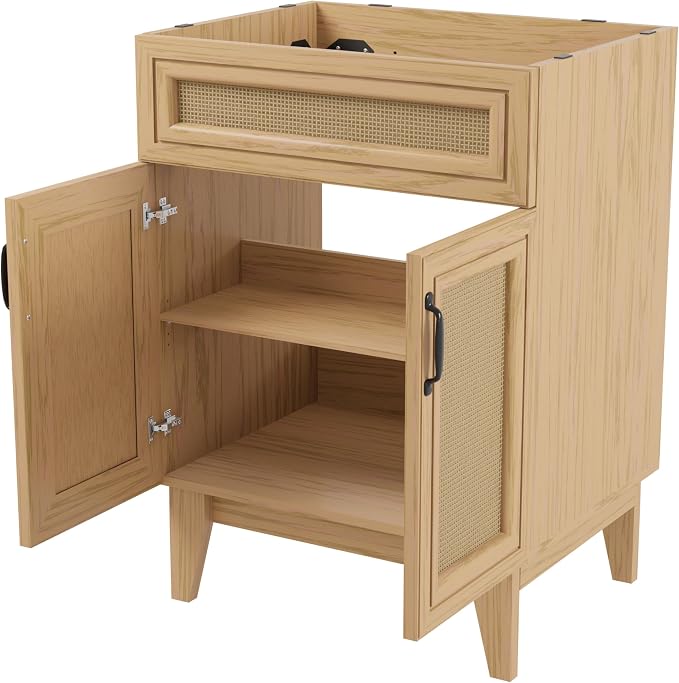 JONATHAN Y Javer Bohemian Rattan Freestanding Bath Vanity, 24", Oak | 18" Deep, 33" High, Double Soft-Close Doors, Caned Paneling, 2-Shelf Storage, Basin Not Included, Modern Farmhouse Style