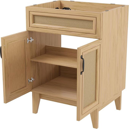 JONATHAN Y Javer Bohemian Rattan Freestanding Bath Vanity, 24", Oak | 18" Deep, 33" High, Double Soft-Close Doors, Caned Paneling, 2-Shelf Storage, Basin Not Included, Modern Farmhouse Style