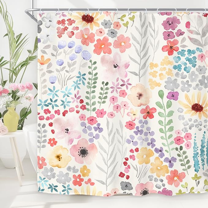 Pink Floral Flower Cute Summer Kids Girls Bathroom Shower Curtain Set | 72"W x 72"H Girly Wildflower Spring; water-repellent HD print, quick-dry fabric with 12 hooks for easy hanging.