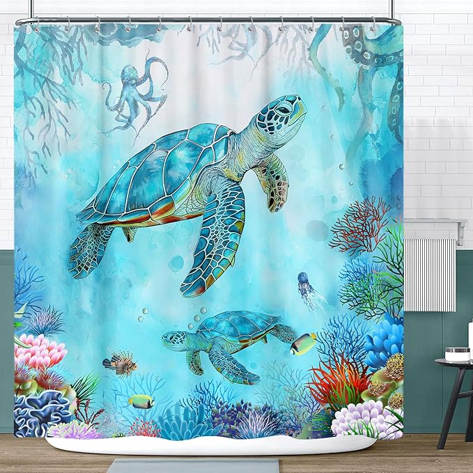 Sea Turtle Shower Curtain - Blue Ocean Underwater Marine Life With Octopus, Fish, Coral - Coastal Nautical Bathroom Decor - Hooks Included 72"X72" Blue