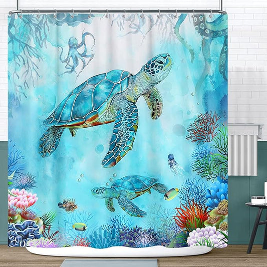 Sea Turtle Shower Curtain - Blue Ocean Underwater Marine Life With Octopus, Fish, Coral - Coastal Nautical Bathroom Decor - Hooks Included 72"X72" Blue