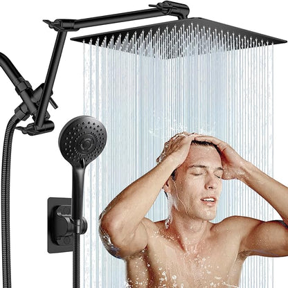 12" Black Rain Shower Head with Handheld Spray and 16" Extension Arm | High Pressure with Flexible Adjustment of Height/ Angle Upgraded Arm and 5 Setting Handheld Shower Head with Hose, Anti-leak