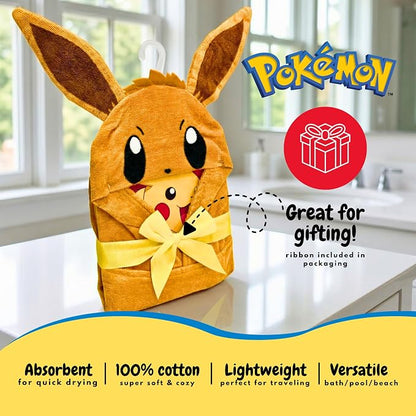 Pokemon Eevee Kids Super Soft Bath/Pool/Beach Soft Cotton Terry Hooded Towel Wrap, 24 in x 50 in, (Officially Licensed Product) By Franco