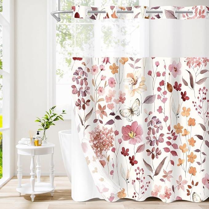 No Hook Burgundy Watercolor Floral Shower Curtain and Liner Set, 72x80 | Spring Flower Shower Curtains with Snap-in Liner for Farmhouse Bathroom Decor, Botanical Bathroom Curtain with Leaves