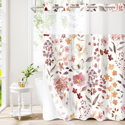 No Hook Burgundy Watercolor Floral Shower Curtain and Liner Set, 72x86 | Spring Flower Shower Curtains with Snap-in Liner for Farmhouse Bathroom Decor, Botanical Bathroom Curtain with Leaves