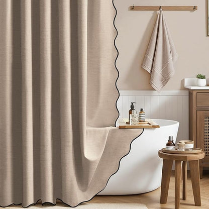 BTTN Tan Scalloped Shower Curtain, Boho Linen Textured Heavy Duty Fabric Shower Curtain Set with 12 Plastic Hooks, Vintage Modern Waterproof Washable Cloth Shower Curtains for Bathroom, 72x72, Taupe