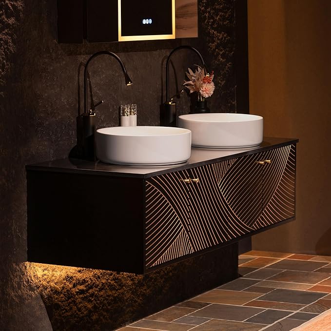 Woodbridge 60"X22" Wall Mounted Vanity with Double Ceramic Round Vessel Sinks,Black Engineered Stone Vanity Top,Floating Design with Hand-Painted Black & Gold Accents,Space-Saving for Modern Living