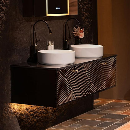 Woodbridge 60"X22" Wall Mounted Vanity with Double Ceramic Round Vessel Sinks,Black Engineered Stone Vanity Top,Floating Design with Hand-Painted Black & Gold Accents,Space-Saving for Modern Living