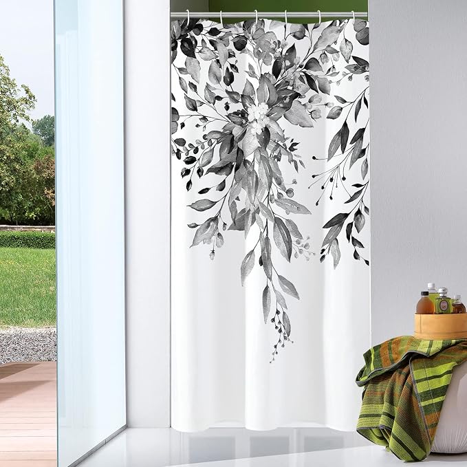 Black Eucalyptus Shower Curtain, Watercolor Floral Print, 36x72 | Watercolor Plant Leaves Floral Print, Small Stall Waterproof Fabric Bathroom Decor, Machine Washable, Rustproof Grommets