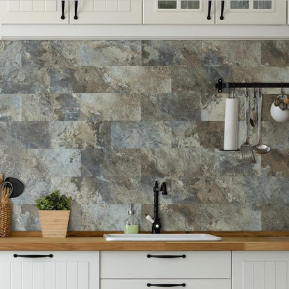 AULIGET 20-Piece Beige & Brown Slate Peel and Stick Backsplash Wall Tiles, 6" x 12" PVC Faux Stone Stick on Tiles Backsplash Kitchen