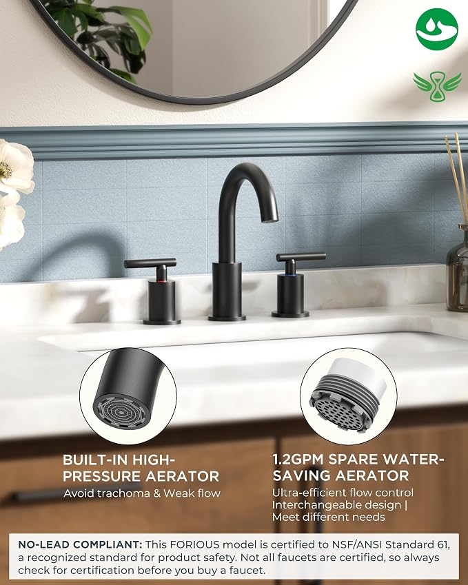 FORIOUS LED Bathroom Faucet Black 3 Hole with 3 Color Light, 8" Widespread | Matte Black Faucet for Bathroom Sink 3pc with Temperature Changing Lights, 8 Inch Widespread LED Bathroom Sink Faucet 3 Hole