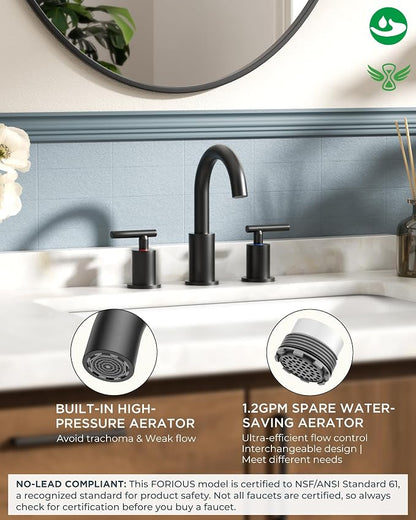 FORIOUS LED Bathroom Faucet Black 3 Hole with 3 Color Light, 8" Widespread | Matte Black Faucet for Bathroom Sink 3pc with Temperature Changing Lights, 8 Inch Widespread LED Bathroom Sink Faucet 3 Hole
