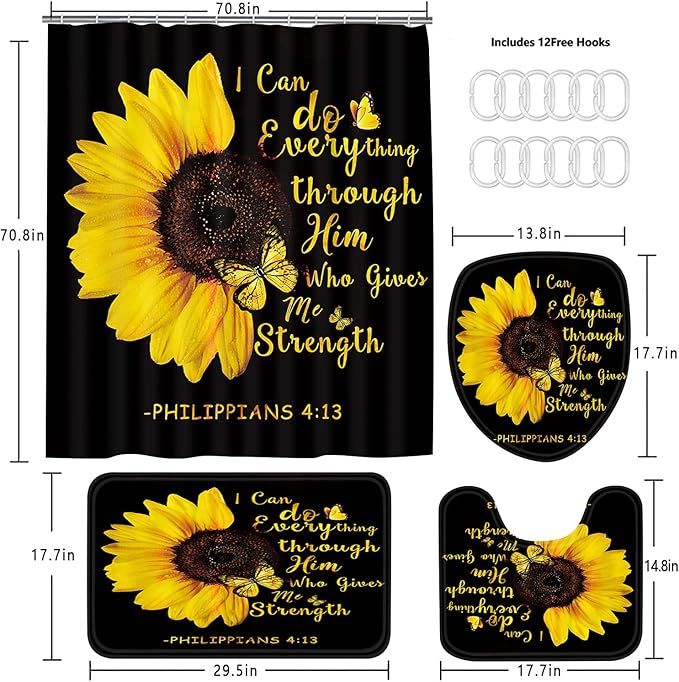 AZHM 4pcs Sunflower Shower Curtain Set Inspirational Quotes Flower Bathroom Decor with Rugs Bathroom Accessories Set Bathroom Curtain Shower with 12 Hooks