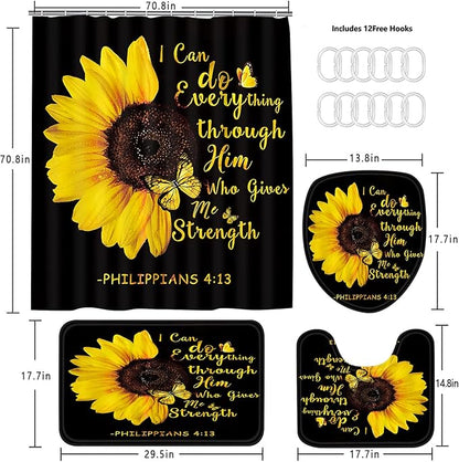 AZHM 4pcs Sunflower Shower Curtain Set Inspirational Quotes Flower Bathroom Decor with Rugs Bathroom Accessories Set Bathroom Curtain Shower with 12 Hooks