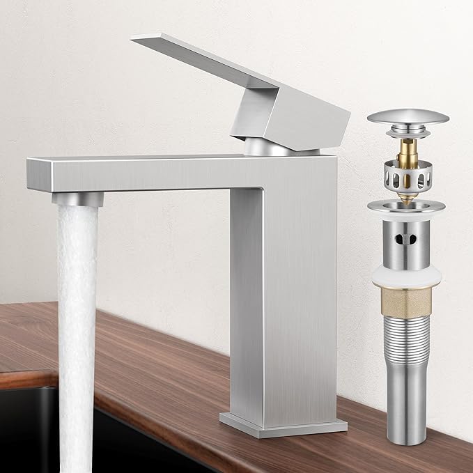 KES Bathroom Faucet Single Hole & Bathroom Sink Drain with Overflow, cUPC Certified Vanity Faucet Brushed Stainless Steel, L3156ALFF12-BS-C1