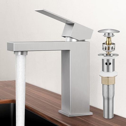 KES Bathroom Faucet Single Hole & Bathroom Sink Drain with Overflow, cUPC Certified Vanity Faucet Brushed Stainless Steel, L3156ALFF12-BS-C1