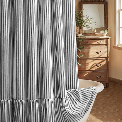 Farmhouse Shower Curtain Ruffle Linen White-Black Stripe 72"W x 72"L | Farmhouse Boho, Striped, Bottom Ruffle, Cotton Fabric, Rustic, Country, Natural Look, Washable, for Bathroom Bathtub