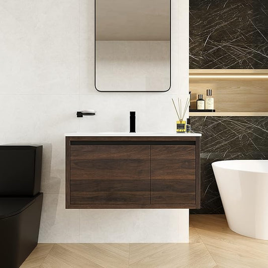 36 Inch Bathroom Vanity with Sink,Wall Mounted Bathroom Vanity Sink Combo w/Soft Close Door&Drawer for Large Space,Modern Floating Bathroom Vanity w/Top Basin&Brown Storage Cabinet