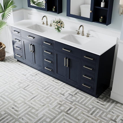 84-Inch Bathroom Vanity with Double Sinks W/ 4 Doors & 12 Drawers & 2 Flip Drawers, Navy Blue Vanity W/Brushed Nickel Handles