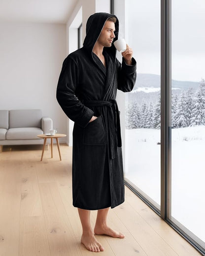 NY Threads Mens Robe with Hood, Luxury Plush Fleece Hooded Mens Bathrobe, Spa Bath Robe for Men