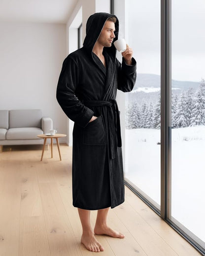 NY Threads Luxury Ultra Soft Mens Robe with Hood Plush Fleece Long Bathrobe