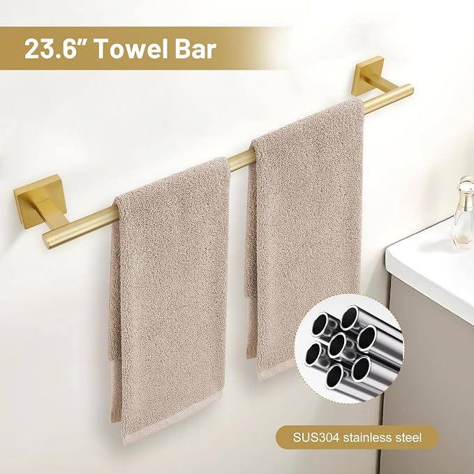 TURS 5-Pieces Brushed Gold Bathroom Hardware Set 23.6 Inch SUS304 Stainless Steel Towel Bar Set Wall Mounted Square Toilet Paper Holder with Shelf