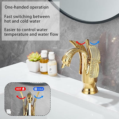 Gold Bathroom Faucet GGStudy Swan Shape Single Handle One Hole Bathroom Vanity Faucet Basin Tap Deck Mount Lavatory