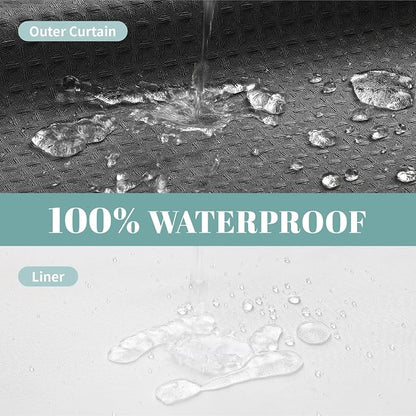 No Hook Waffle Shower Curtain with Snap-in Liner, 60x74 Inch, Charcoal | 230GSM waffle weave fabric, waterproof liner set with 2 bottom magnets, mesh window, washable, for shower stalls or bathrooms