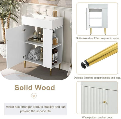 21.6 in Small Bathroom Vanity with Sink,Doors and Storage Shelves,Wood Modern Single Fluted Bathroom Sink Cabinet Freestanding (White,Right Shelf)