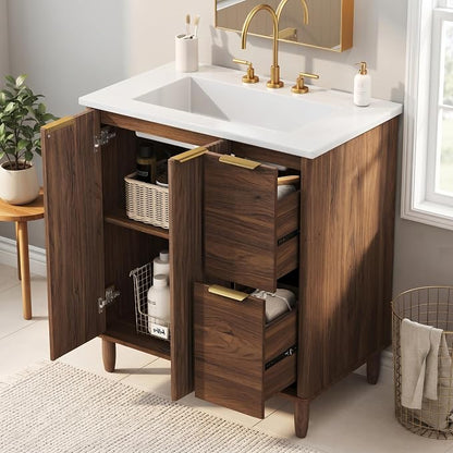30 Inch Mid-Century Bathroom Vanity with SMC Sink (Walnut Style3, 30") | Dual Drawers & Fluted Soft-Closing Doors, Walnut Vanity Cabinet with Adjustable Shelf, Gold L-Shaped Handles, Solid Wood Legs