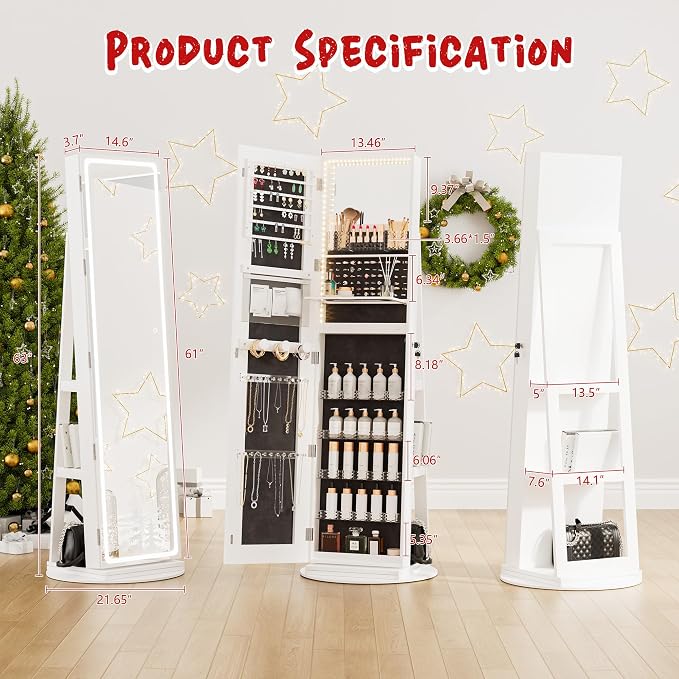 NUNU LAB LED Mirror Jewelry Cabinet Standing, Jewelry Armoire with Full Length Mirror, 360° Swivel Jewelry Cabine with Adjustable LED Lights, Lockable Jewelry Organizer Storage, White