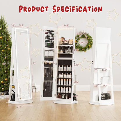 NUNU LAB LED Mirror Jewelry Cabinet Standing, Jewelry Armoire with Full Length Mirror, 360° Swivel Jewelry Cabine with Adjustable LED Lights, Lockable Jewelry Organizer Storage, White