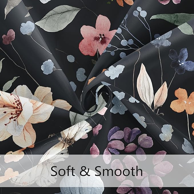 Extra Long Shower Curtain 72 x 84 Inch, Tall Black Floral Shower Curtain for Bathroom, Colorful Watercolor Wildflower Boho Vintage Trendy Fabric Shower Curtain Set with Hooks