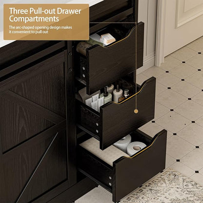 SUNTAGE Bathroom Vanity with Sink, Freestanding Farmhouse Bathroom Storage Cabinet with 3 Drawers & Sliding Door, White Resin Basin Vanity Combo Set (Wood Grain Black, 30")