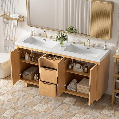 Merax Bathroom Vanity with Sink - 60 Inch Bathroom Vanity Double Sink, Freestanding Cabinet with 4 Doors & 3 Drawers, Space-Saving Storage Cabinet, Handle-Free Design,Nature Wood