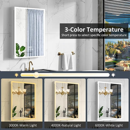 ACEMIRO 24"×32" Bathroom Medicine Cabinet with Mirror, Surface or Recessed Lighted Medicine Cabinet, 3-Color Dimmable Lights, Defogger, Bathroom Mirror with Outlet, Clock&Temp Display, Door Left Open