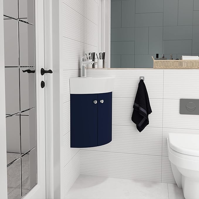 12 Inch Bathroom Vanity with White Sink Combo, Wall-Mounted Bathroom Vanity 2 Door for Small Space, Modern Floating Bathroom Cabinet with Top Basin & Storage Cabinet,Blue